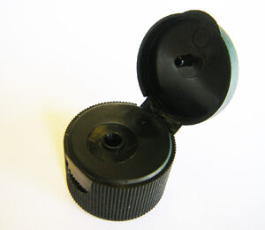 An example of a SNXFT 75 black plastic flip top container lid in the open position. From ScopeNext
