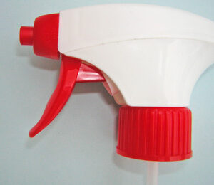 Example of a SNXT 100F Industrial Trigger sprayer head for chemicals and solvents in white plastic with a red nozzle and trigger.